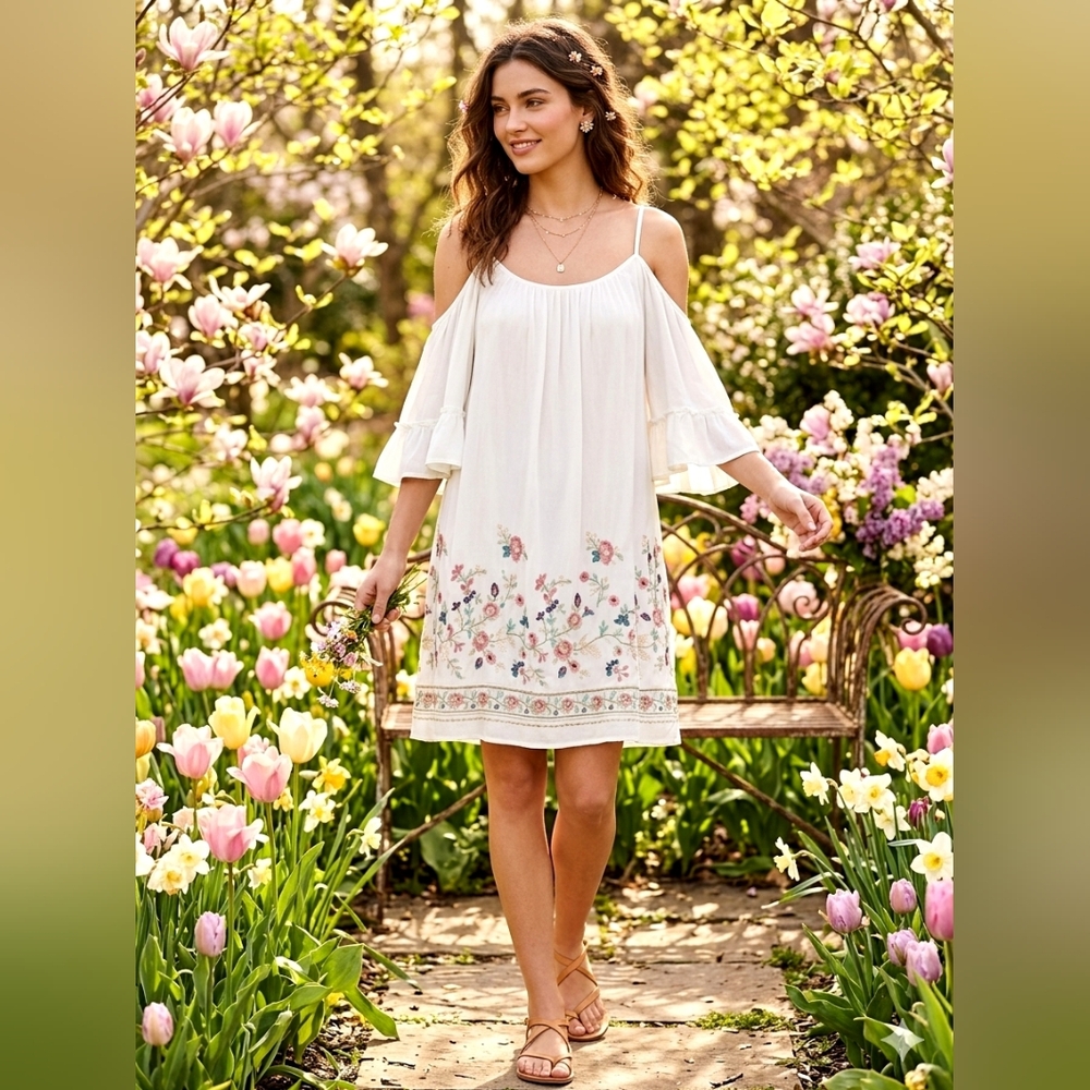 Altar'd State Small Floral Embroidered White Loose Fit Off Shoulder Spring Dress